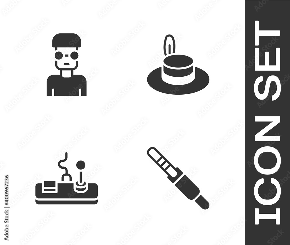 Poster set audio jack, nerd geek, gamepad and man hat icon. vector.