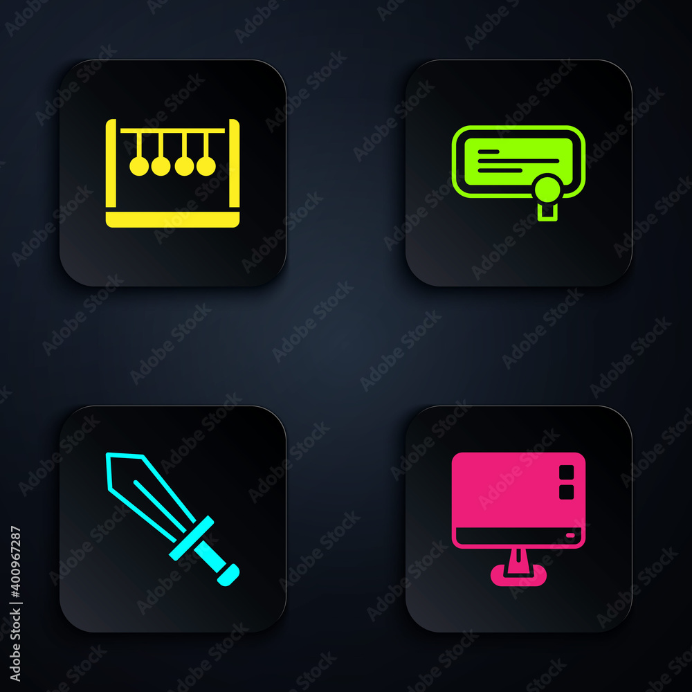 Poster set computer monitor screen, pendulum, sword for game and certificate template. black square button.