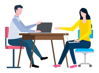 Business solution people making decisions for company vector, businessman and businesswoman with laptops. Meeting of experts, specialists in office