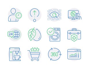 Business icons set. Included icon as 360 degree, Time management, Shopping rating signs. Artificial intelligence, Medical insurance, Mineral oil symbols. Swipe up, Washing machine. Vector