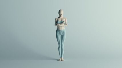 Futuristic Arms Crossed Female Character in Turquoise Leggings and Small Top 3d illustration render