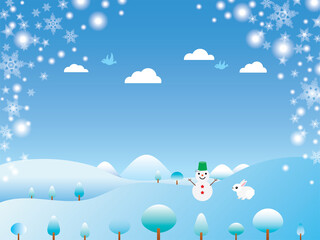 雪だるまとウサギのいる冬の里山の風景のイラスト