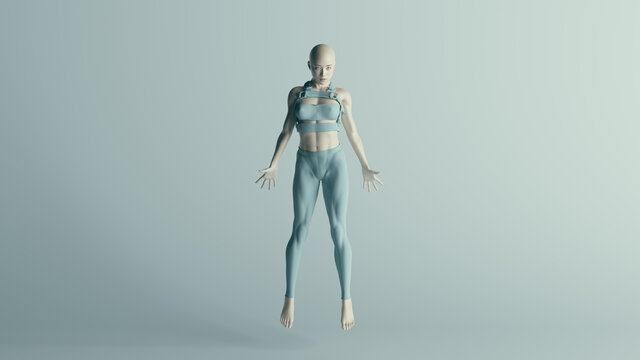 Futuristic Floating Female Character in Turquoise Leggings Sports Bra and Straps 3d illustration render