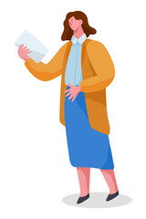 Businesswoman female character in formal clothes office worker or employee. Woman standing at full height holding paper document in her hands and reading vector illustration on white background