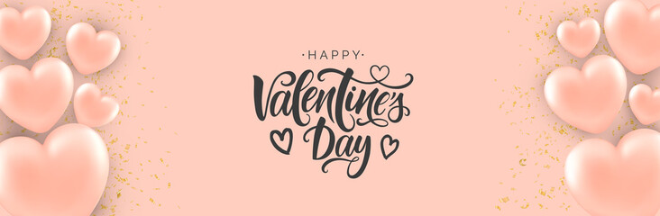 Happy Valentine's Day vector banner with realistic pink balloons. Modern calligraphy for Valentine's Day.