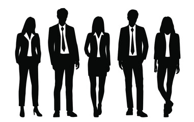 Vector silhouettes of  men and a women, a group of standing  business people, black and white color isolated on white background