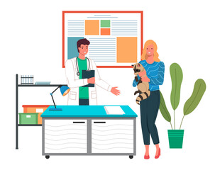 Owner is holding a raccoon. Veterinarian is communicating with girl in the hospital. Pets health care in vet clinic. Domestic animals treatment concept. Veterinary professional consultation