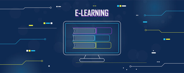 Vector design concept template for web banner, e-learning, online learning anywhere anytime. Computer, monitor illustration. Dark background with bright elements stylized as microcircuits. Copyspace.