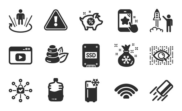 Ssd, Spa stones and Santa sack icons simple set. Artificial intelligence, Piggy sale and Launch project signs. Refrigerator, Augmented reality and Credit card symbols. Flat icons set. Vector