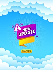 New update paper banner. Cloud sky background with offer message. Important message tag. Exclamation mark icon. Best advertising coupon cloud banner. New update badge shape. Vector