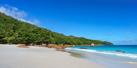 tropical beach at anse lazio, on praslin, seychelles