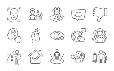 Woman love, Dislike hand and Augmented reality line icons set. Pets care, Farsightedness and Select user signs. Business growth, Smile chat and Brand ambassador symbols. Line icons set. Vector