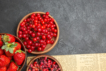 top view fresh red cranberries with other fruits on a dark background berry fruit color xmas holiday