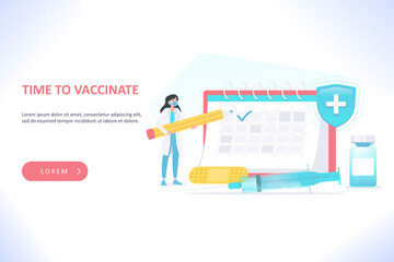 Time to vaccinate concept. Doctor marking date on calendar. Medical syringe, vaccine vial and bandage. Vaccination and immunization, vector illustration