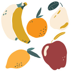 Apple, pear, lemon, banana and orange fruit modern flat vector illustration, simple and minimalistic set of citrus and tropic and garden fruits for print and web design