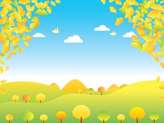 秋のイチョウで黄色く色づいた山や丘の風景のイラスト