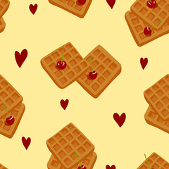 Seamless patterns with waffles, cherries and hearts. Vector drawing dessert background.