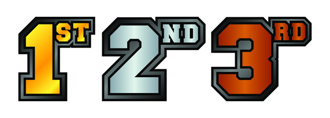 1st, 2nd, 3rd numbers and letters in bronze, silver and golden color with dark black outline. Badges for awarding winners and participants of sports tournaments. Icons for rating and ranking.