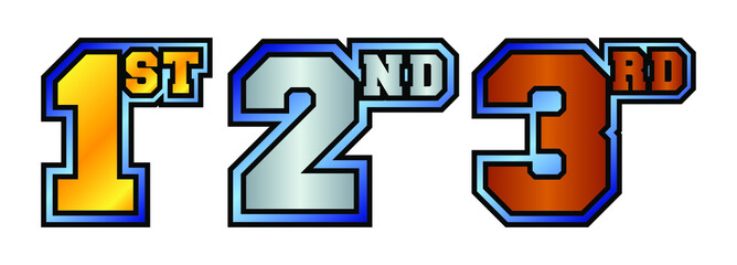 1st, 2nd, 3rd numbers and letters in bronze, silver and golden color with blue platinum outline. Badges for awarding winners and participants of sports tournaments. Icons for rating and ranking.