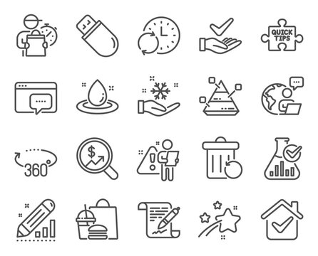 Science icons set. Included icon as Update time, Chemistry lab, Usb stick signs. Dermatologically tested, Freezing, Pyramid chart symbols. Edit statistics, 360 degrees, Currency audit. Vector