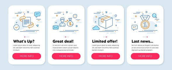 Set of Business icons, such as Marketing, Sallary, Parcel symbols. Mobile screen banners. Best rank line icons. Article, Person earnings, Shipping box. Success medal. Marketing icons. Vector