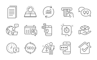 Spanner, Phone password and Sun energy line icons set. Seo, Communication and Quote bubble signs. Update data, Hold box and Timer symbols. Copy files, Credit card and Time. Line icons set. Vector