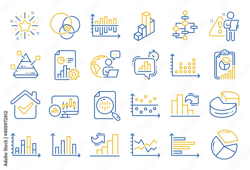 Poster charts and diagrams line icons. report, 3d chart, block diagram and dot plot graph linear icons. tre