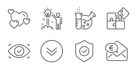 Security shield, Euro money and Creative idea line icons set. Heart, Biometric eye and Chemistry lab signs. Puzzle, Scroll down symbols. Cyber protection, Receive cash, Startup. Vector