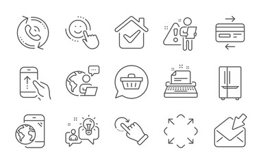 Typewriter, Open mail and Refrigerator line icons set. Mobile internet, Shopping cart and Credit card signs. Rotation gesture, Call center and Idea symbols. Swipe up, Smile and Maximize. Vector