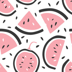 Cute watermelon seamless pattern. Watermelon slices and seeds on white background. Can be used for wallpaper, fabric, wrapping paper or decoration. Vector shabby hand drawn illustration