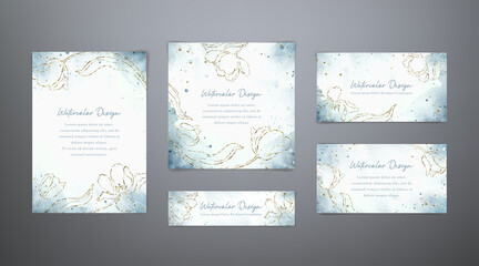 Set vector watercolor templates in blue and golden colors. Floral frames with golden tulps. Romantic abstract backgrounds