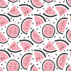 Cute watermelon seamless pattern. Watermelon slices and seeds on white background. Can be used for wallpaper, fabric, wrapping paper or decoration. Vector shabby hand drawn illustration