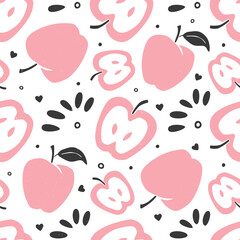 Cute apple seamless pattern. Ripe apple, apple slice and seed on white background.  Can be used for wallpaper, fabric, wrapping paper or decoration. Vector hand drawn illustration