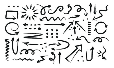 Black doodle arrows various shapes. Hand drawn direction pointers set in brush stroke style. Grunge texture. Vector illustration