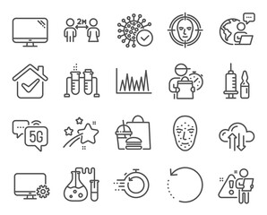 Science icons set. Included icon as Medical vaccination, Chemistry lab, Fast recovery signs. Coronavirus, Face detect, Social distancing symbols. Face biometrics, Line graph, Computer. Vector