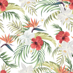 Vector tropical pattern with hibiscus flowers and exotic palm leaves. Trendy summer background. Summer floral illustration.