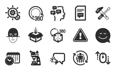 360 degrees, Cogwheel and Hammer tool icons simple set. Calendar time, Face recognition and Augmented reality signs. Comments, Messages and Microscope symbols. Flat icons set. Vector