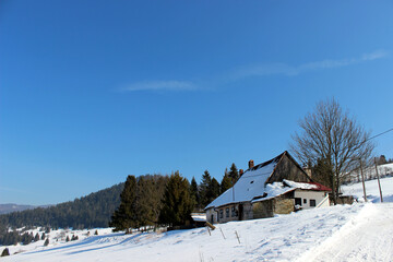 Winter countryside with wooden cottage