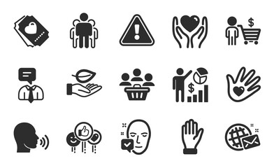 Obraz premium Hold heart, Face accepted and World mail icons simple set. Support service, Group and Hand signs. Buyer, Human sing and Like symbols. Leaf, Seo statistics and Buyers. Flat icons set. Vector