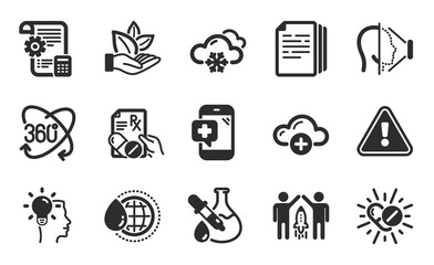 Copy documents, Partnership and Full rotation icons simple set. Settings blueprint, Idea and Organic product signs. Chemistry experiment, Snow weather and World water symbols. Flat icons set. Vector