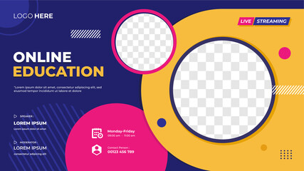 Website banner template for Online Education, Online class program, Courses and other E-Learning. with Memphis style and Purple, Pink, Orange color background