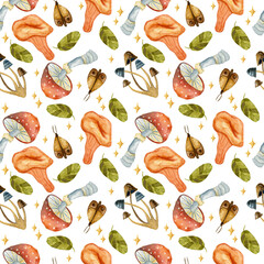 Bright autumn realistic drawing of forest mushrooms and fly agaric. seamless pattern, watercolor illustration on white background for design of menu, packaging, textile, print, recipe, website