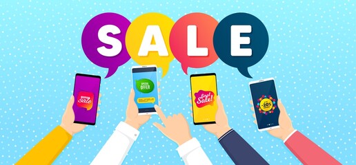 Super sale, Special offer and Final sale promo label set. Banner with mobile phones in hands. Discount bubble, Banner shape, Offer label. Discount label. Promotional tag set. Vector