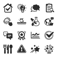 Set of Business icons, such as Idea gear, Confirmed, Trade infochart symbols. Uv protection, Chemistry experiment, Smile signs. Fireworks stars, Dots message, Chat message. Search analysis. Vector