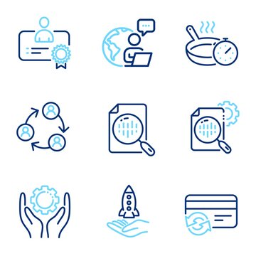 Technology icons set. Included icon as Analytics chart, Frying pan, Change card signs. Seo stats, Teamwork, Crowdfunding symbols. Employee hand, Certificate line icons. Line icons set. Vector