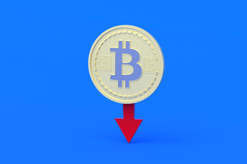 Coin of cryptocurrency bitcoin near red arrow pointing down on blue background. Falling in rate exchange, demand and popularity of virtual currency. Decrease in profit. e-money concept. 3d rendering