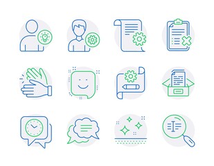 Business icons set. Included icon as Clock, Text message, Technical documentation signs. Reject checklist, Documents box, Clean skin symbols. Cogwheel blueprint, Smile, Clapping hands. Vector