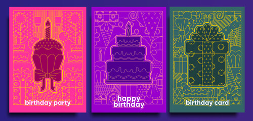 Birthday cards and posters. Set of vector postcards, geometric illustrations. Cupcake with a candle, a gift, a birthday cake.