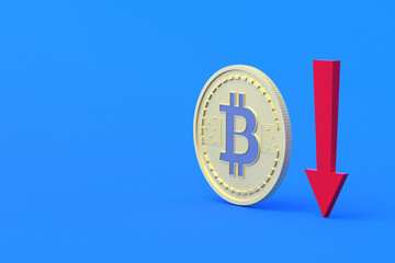 Coin of cryptocurrency bitcoin near red arrow pointing down on blue background. Falling in rate exchange, demand and popularity of virtual currency. Decrease in profit. e-money concept. 3d rendering
