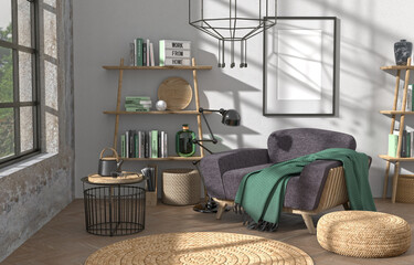 Scandinavian loft interior, hygge concept with plaid, books and teapot, frame mockup with matboard